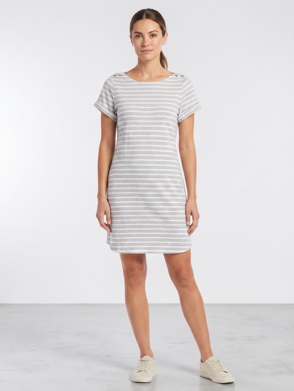Tommy Bahama Jovanna Striped Knit Mini Shift Dress Sz M Gray Resort Coastal